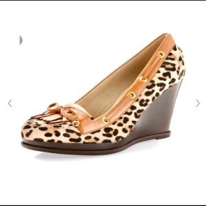 Sperry Leopard Print Tan and Brown Wedge Loafers
